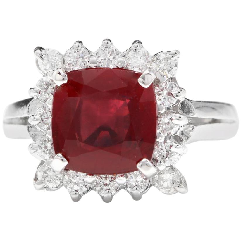 4.40 Carat Impressive Red Ruby and Natural Diamond 14 Karat White Gold Ring For Sale