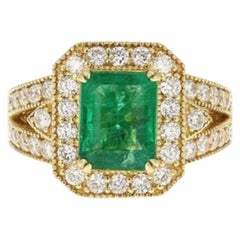 Esmeralda natural de 4,40 quilates y diamante Anillo de oro amarillo macizo de 14 quilates