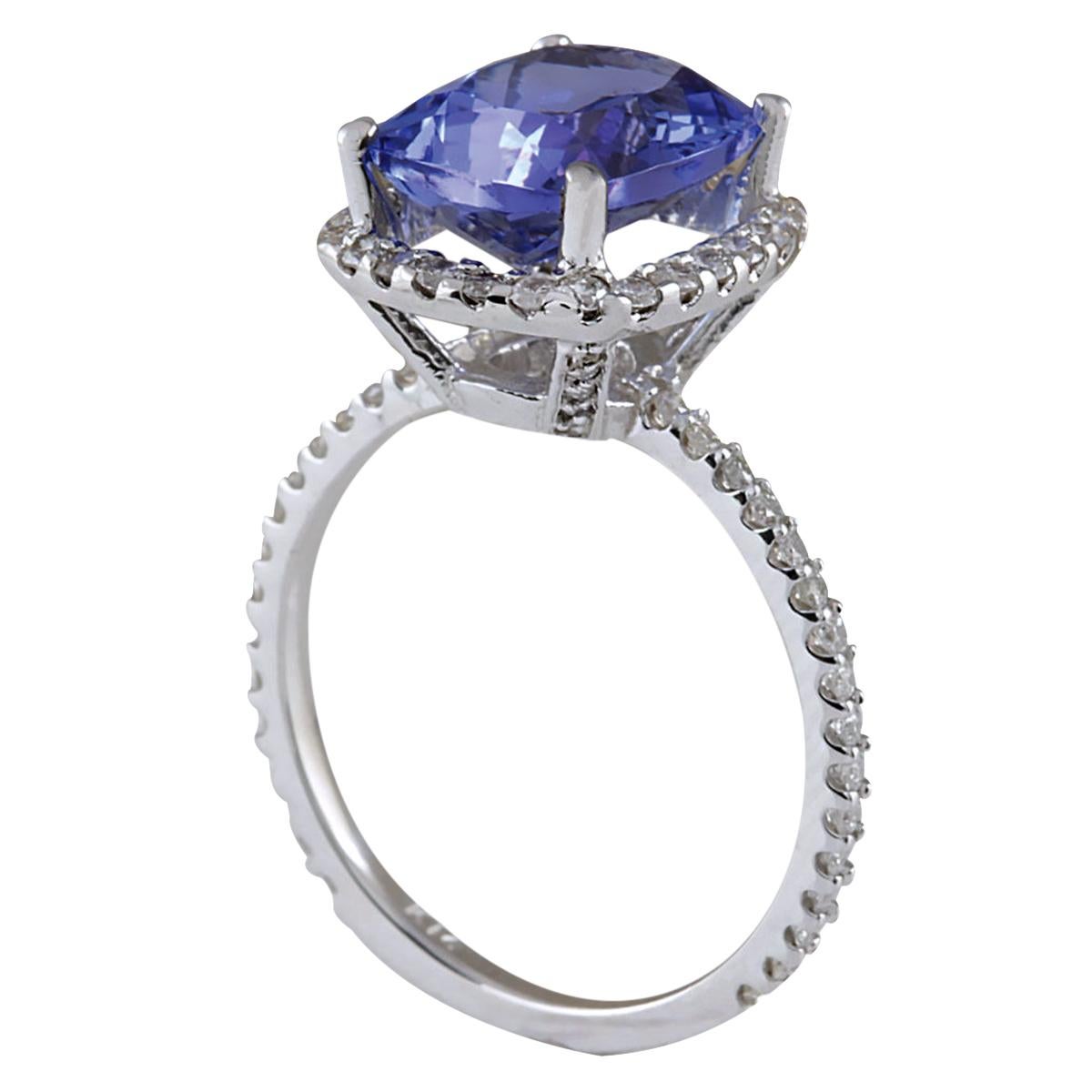 Cushion Cut Tanzanite Diamond Ring In 14 Karat White Gold For Sale
