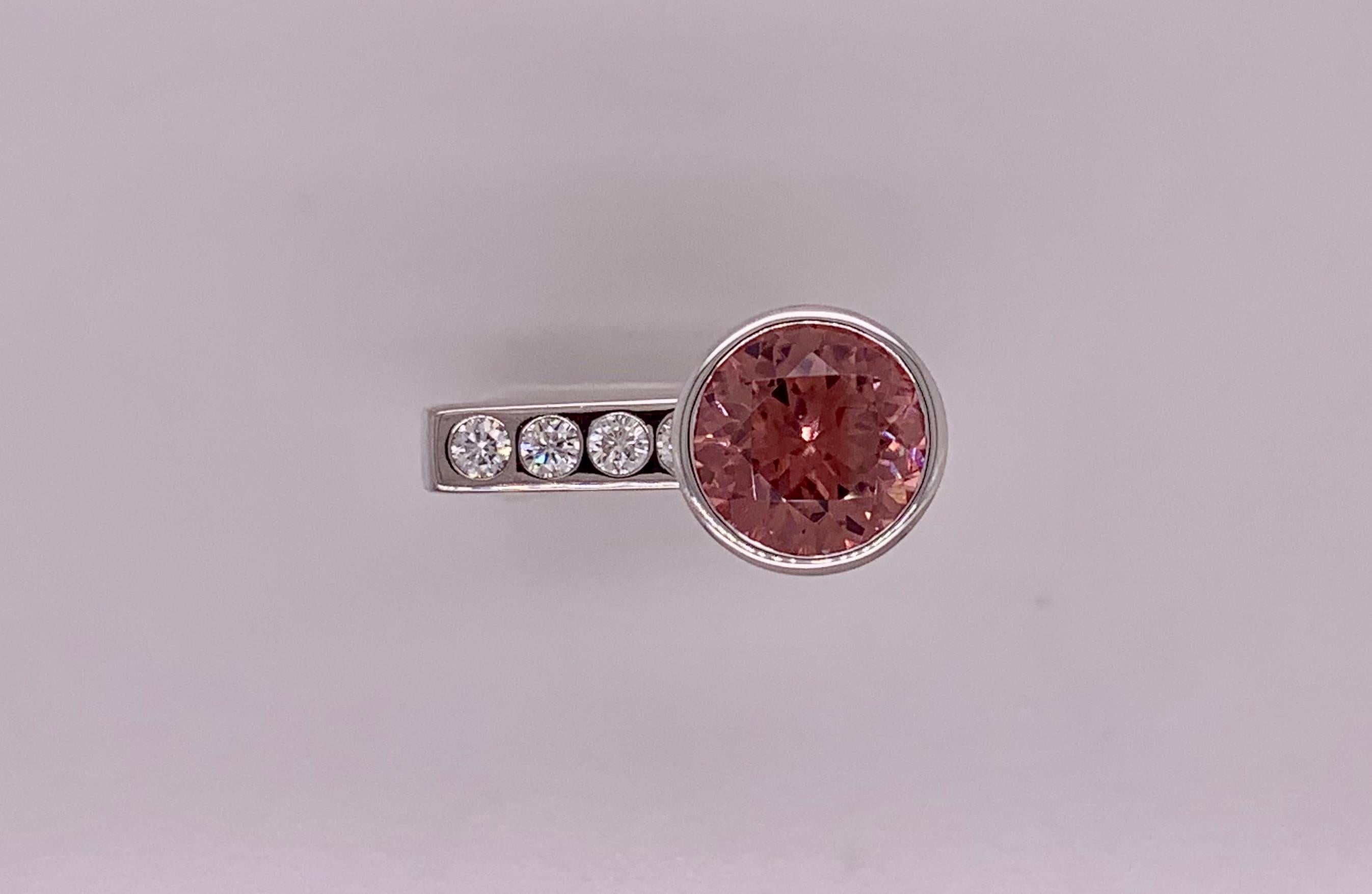 Round Cut 4.40 Carat Rose Zircon and Diamond Ring in 18 Karat Gold