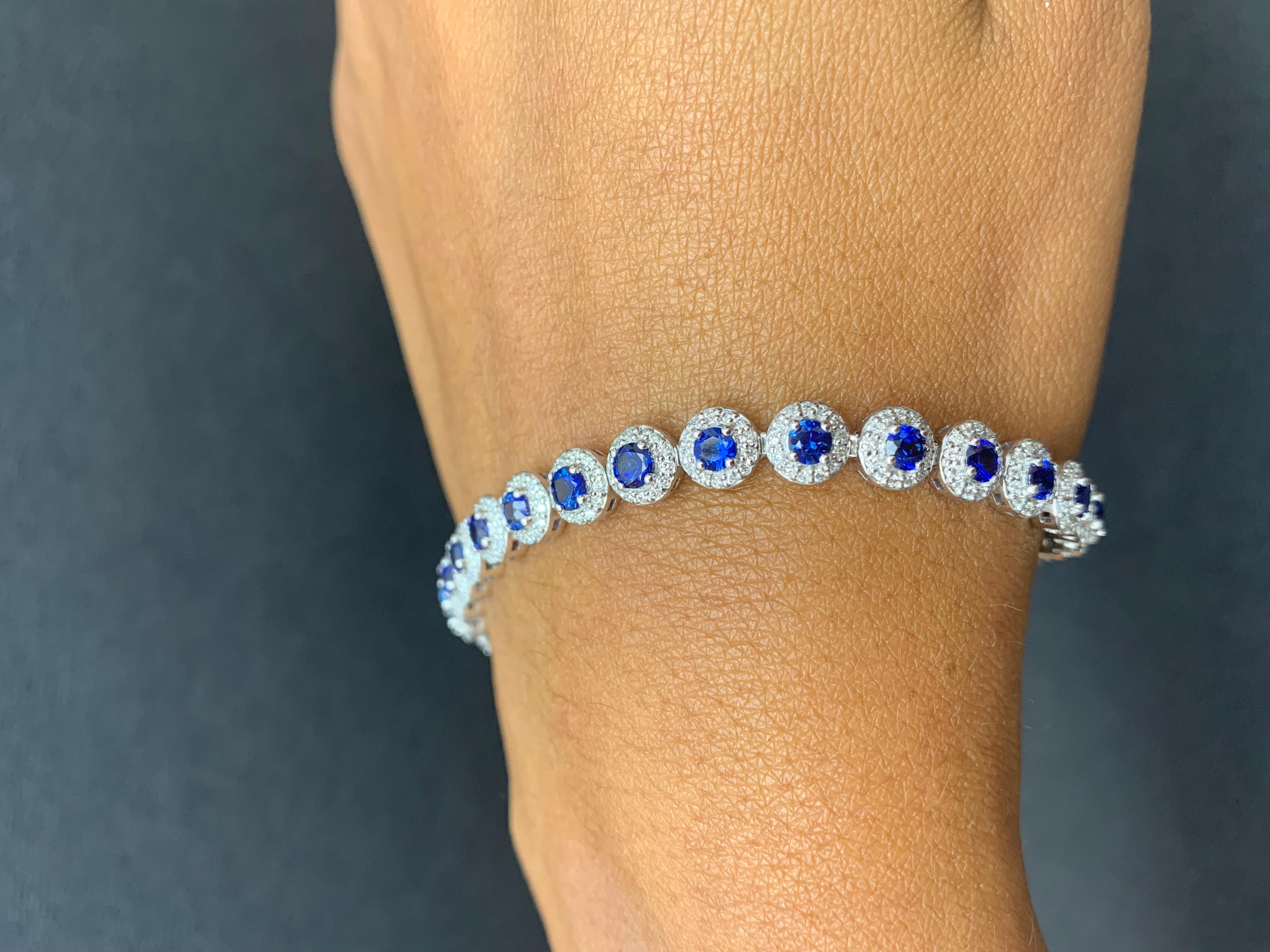 4.40 Carat Round Cut Sapphire and Diamond Tennis Bracelet in 14K White Gold For Sale 4