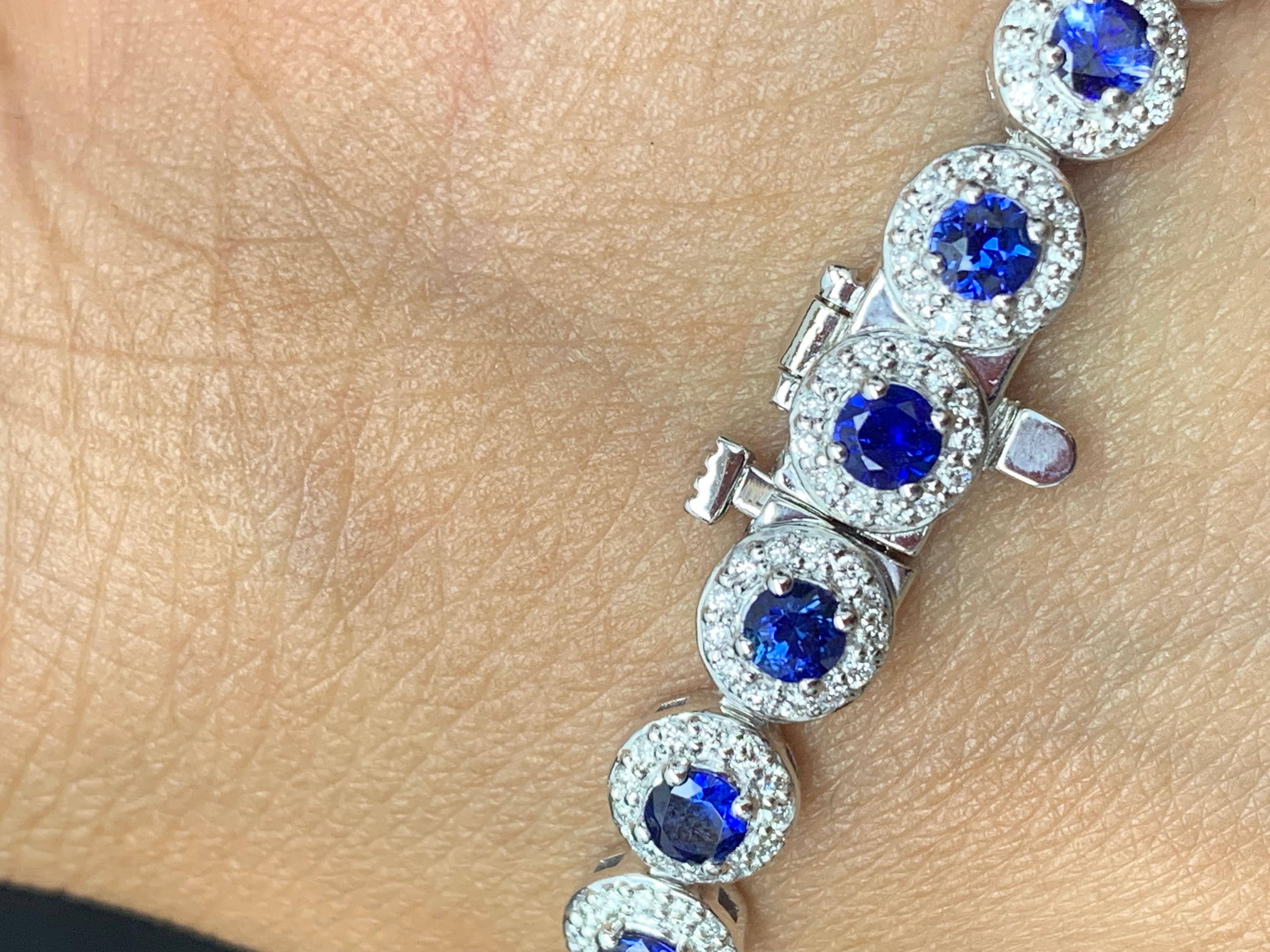 4.40 Carat Round Cut Sapphire and Diamond Tennis Bracelet in 14K White Gold For Sale 5