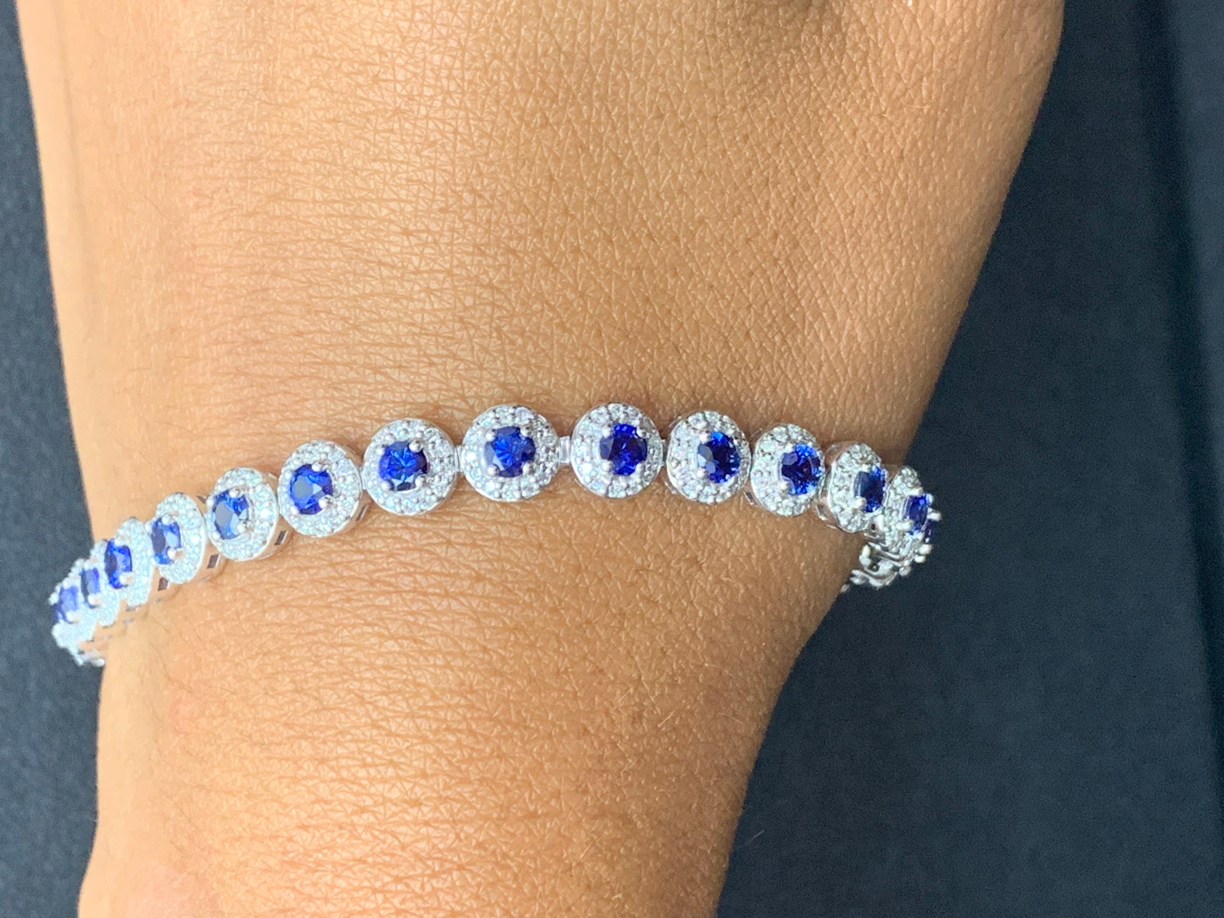 4.40 Carat Round Cut Sapphire and Diamond Tennis Bracelet in 14K White Gold For Sale 6