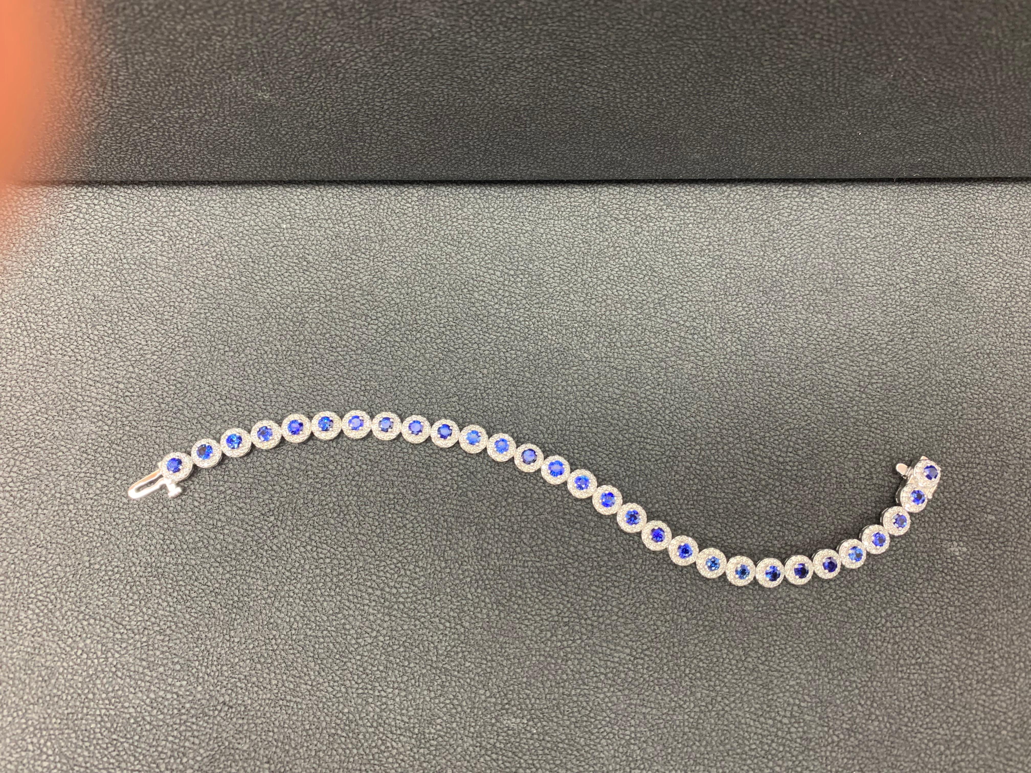 4.40 Carat Round Cut Sapphire and Diamond Tennis Bracelet in 14K White Gold In New Condition For Sale In NEW YORK, NY