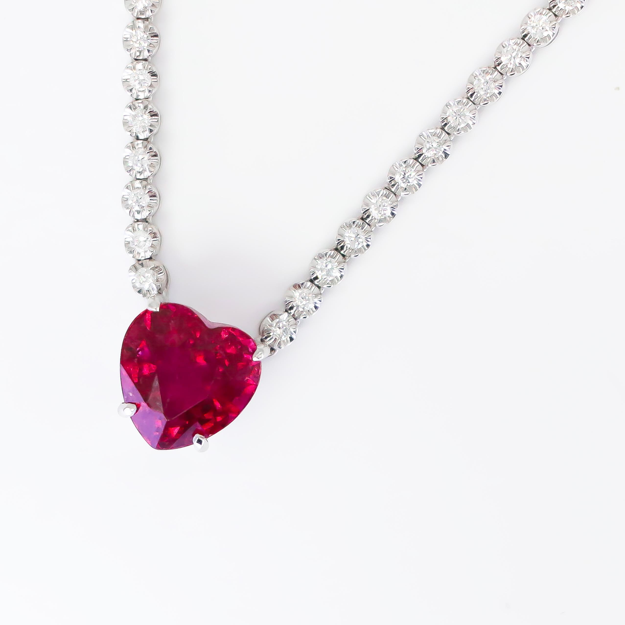 Heart Cut 4.40 Carat Rubellite and Diamond Necklace For Sale