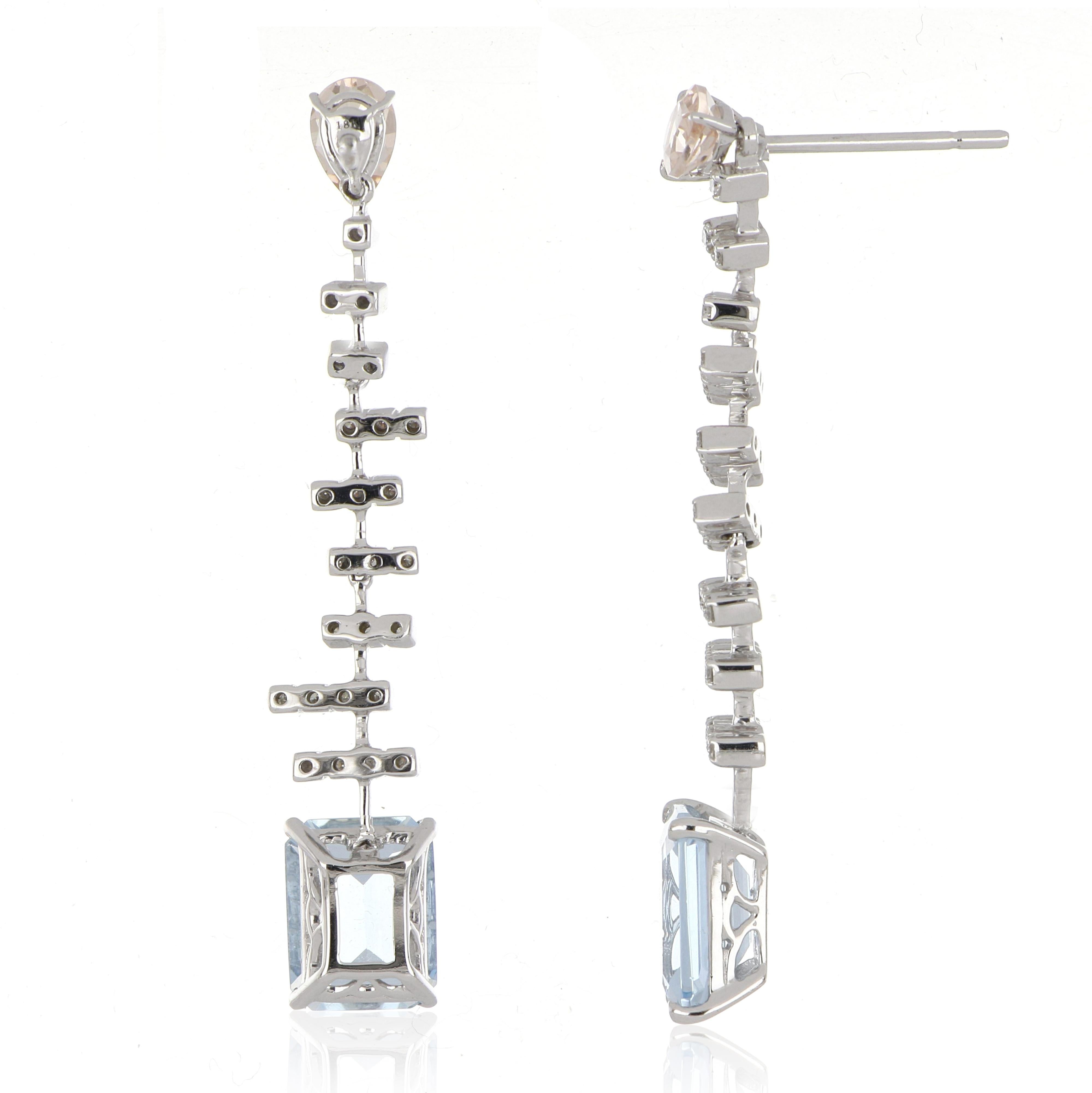 Octagon Cut 4.40 Carat Total Morganite and Aquamarine Earring with Diamonds in 18 Karat Gold For Sale