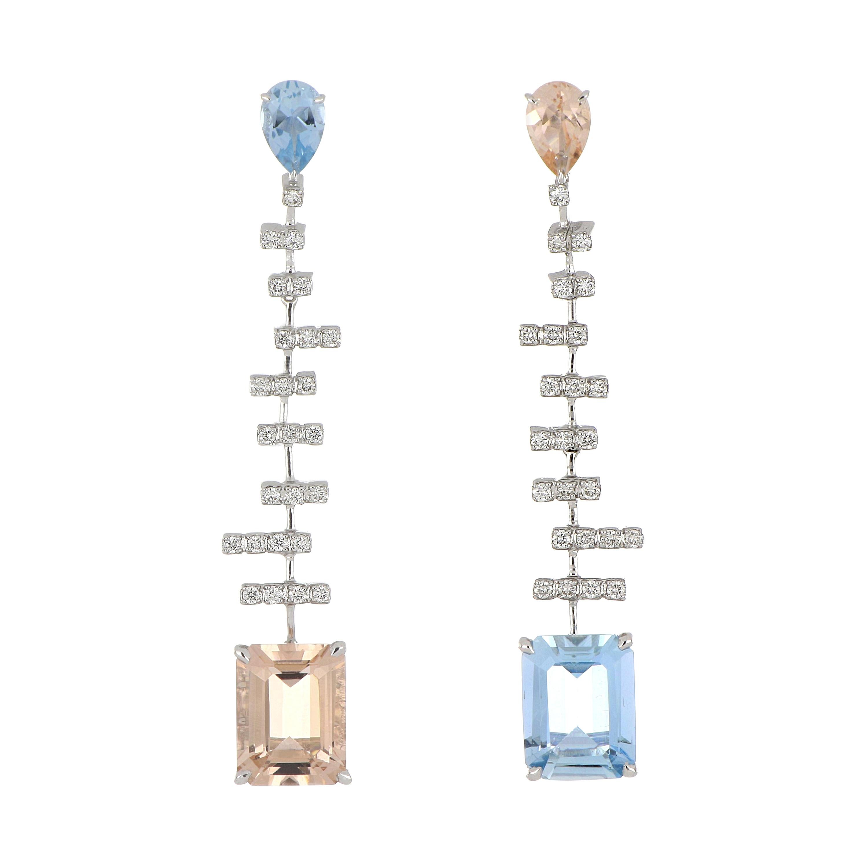 4.40 Carat Total Morganite and Aquamarine Earring with Diamonds in 18 Karat Gold For Sale