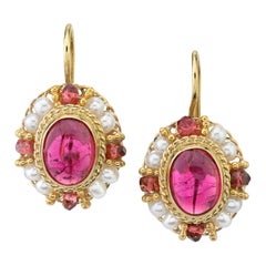4.40 Carat Total Pink Tourmaline Cabochon, Pearl, Yellow Gold Wire Drop Earrings
