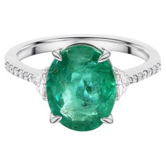 4.40 Ct Oval Cut Zambian Emerald Engagement Ring Diamond Accent 18K White Gold
