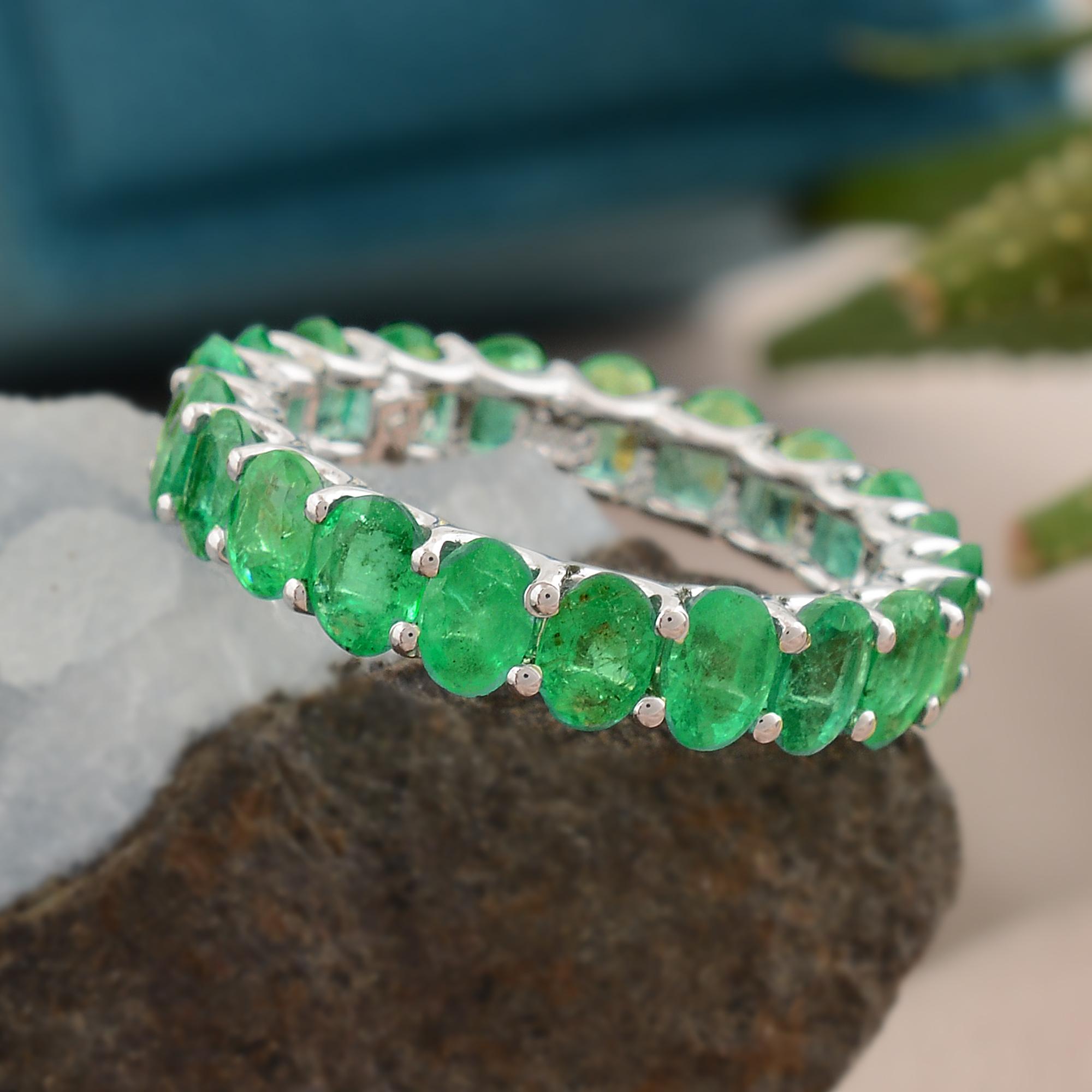 Women's 4.40 Carat Zambian Emerald Gemstone Band Ring 18k White Gold Handmade Jewelry For Sale