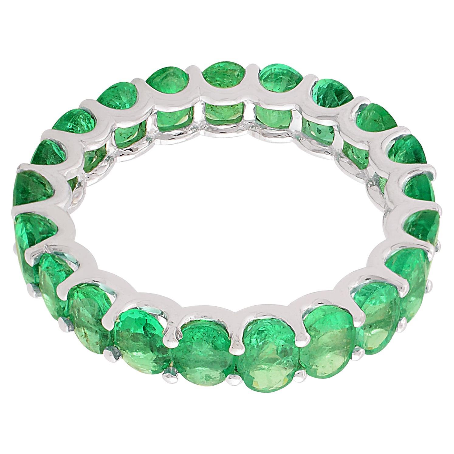 4.40 Carat Zambian Emerald Gemstone Band Ring 18k White Gold Handmade Jewelry For Sale