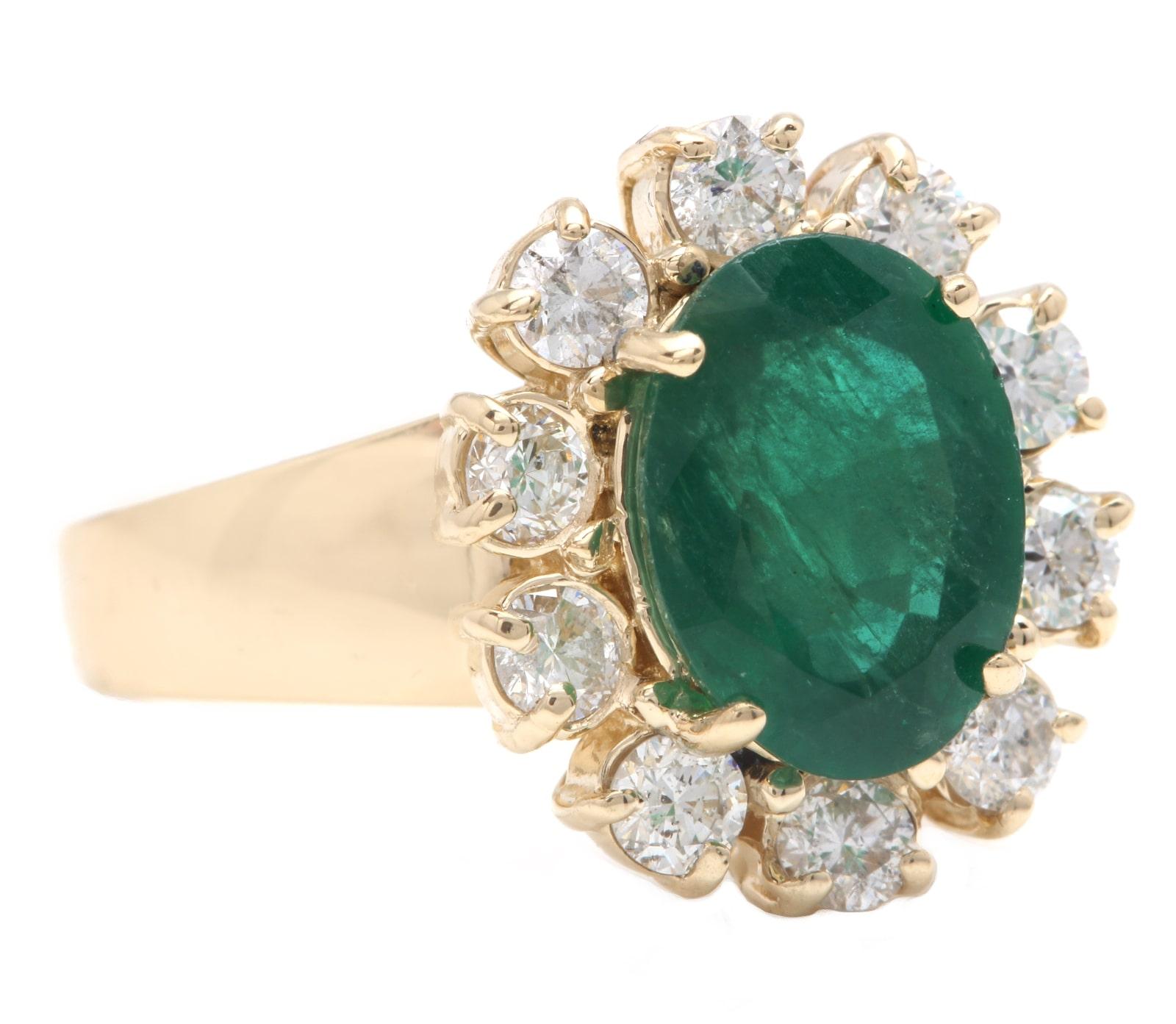 4.40 Carats Natural Emerald and Diamond 14K Solid Yellow Gold Ring

Suggested Replacement Value: $7,500.00

Total Natural Green Emerald Weight is: Approx. 3.30 Carats (transparent)

Emerald Treatment: Oiling  

Emerald Measures: 10 x 8 mm

Natural