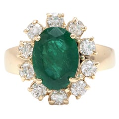Bague en or jaune massif 14 carats avec émeraude naturelle de 4,40 carats et diamants