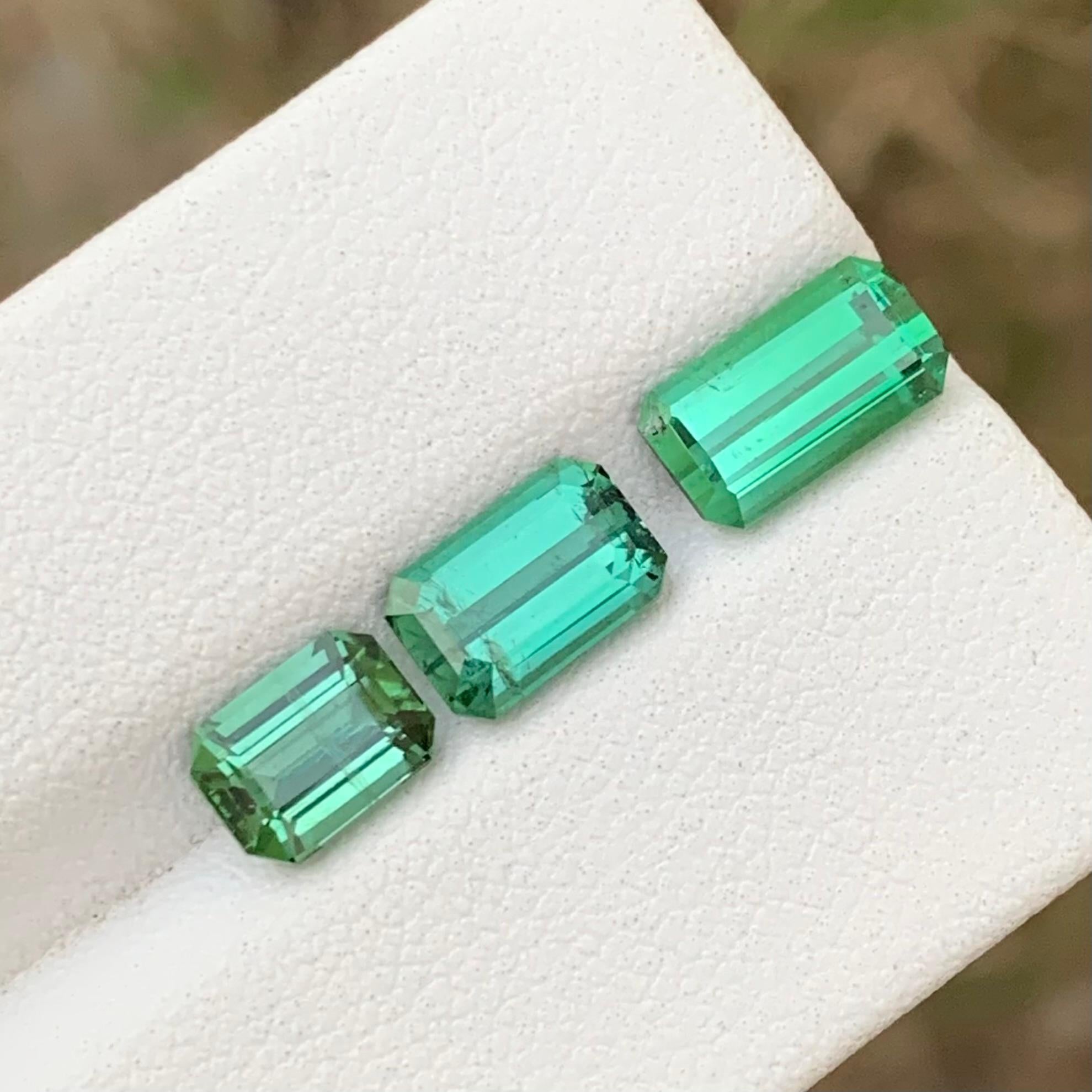 Loose Tourmaline 
Weight: 4.40 Carats 
Size: 1.05 to 1.75 Carats 
Origin: Kunar Afghanistan 
Shape: Emerald 
Color: Mint Lagoon
Treatment: Non
Mint lagoon tourmaline is a captivating gemstone revered for its unique and alluring color. This variety
