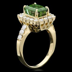 4.40 Carats Natural Green Tourmaline and Diamond 14K Solid Yellow Gold Ring
