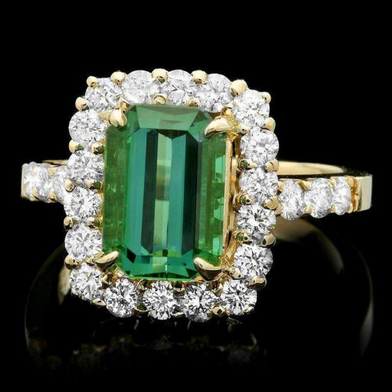 Mixed Cut 4.40 Carats Natural Green Tourmaline and Diamond 14K Solid Yellow Gold Ring For Sale