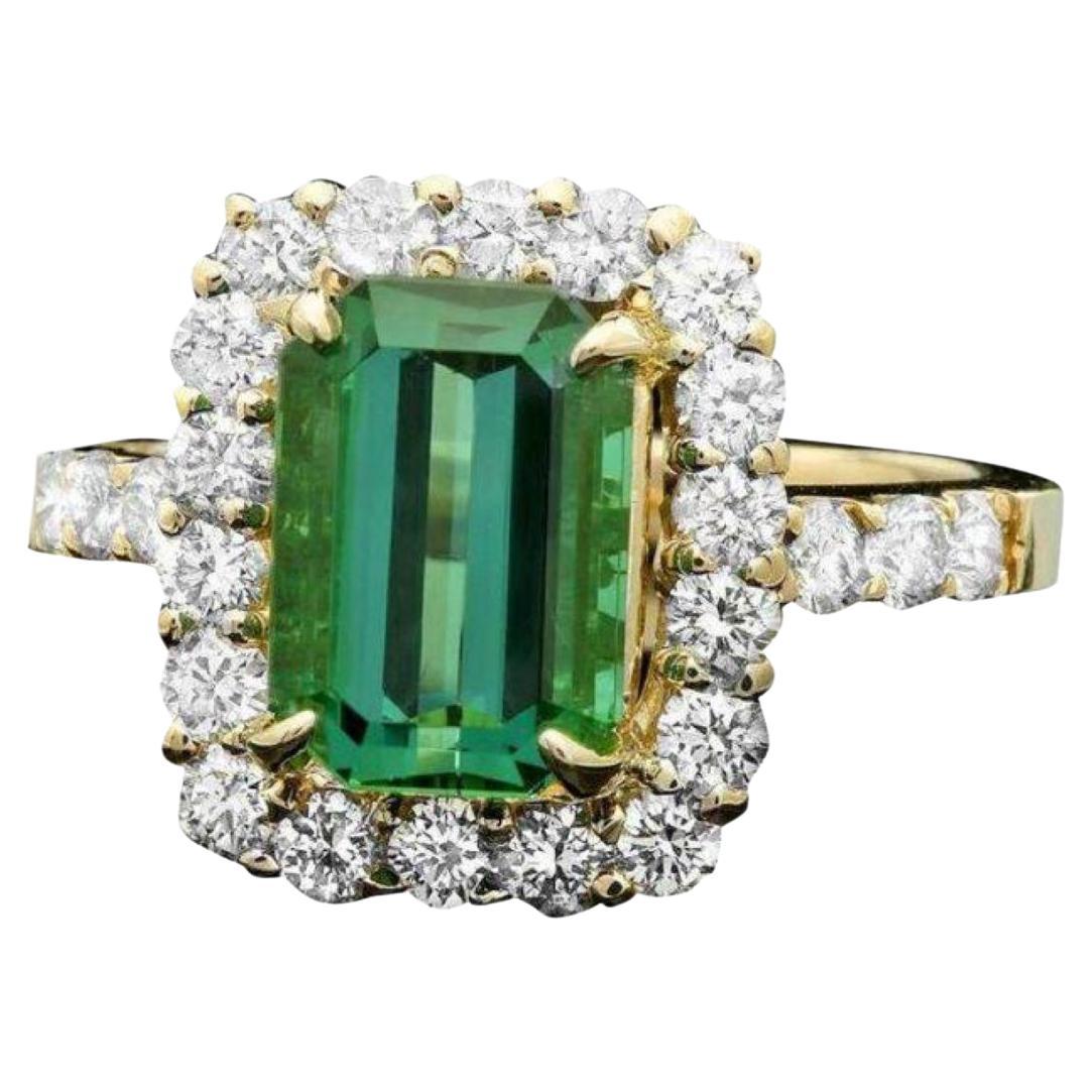 4.40 Carats Natural Green Tourmaline and Diamond 14K Solid Yellow Gold Ring For Sale