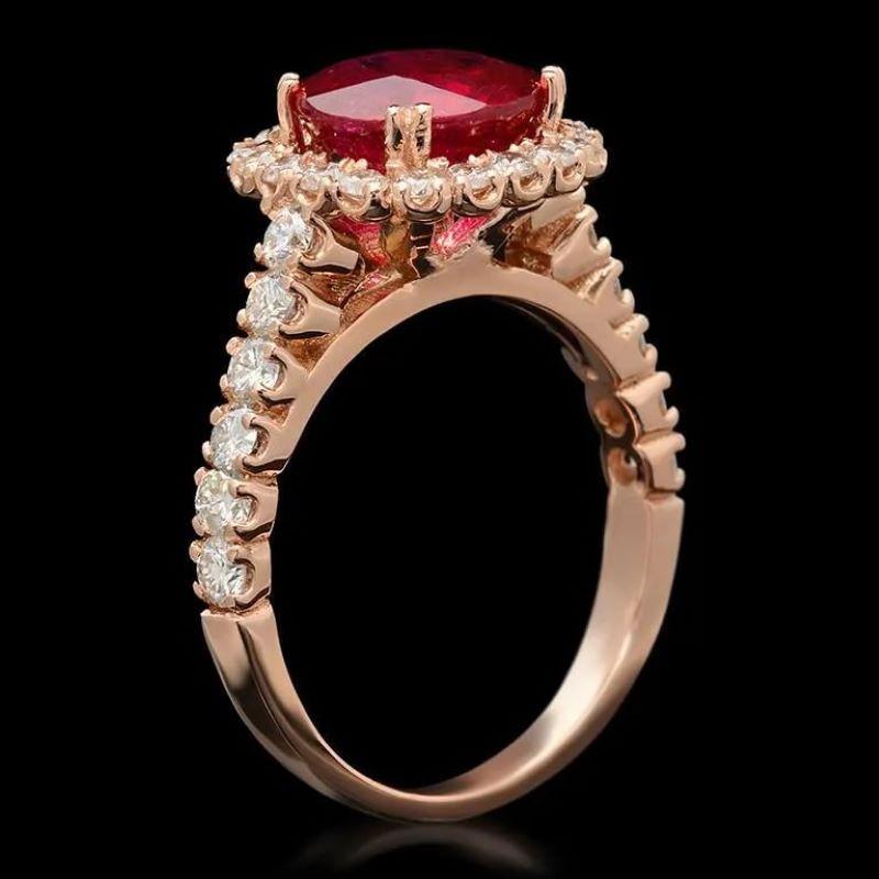 Bague en or rose massif 14K avec rubis rouge naturel de 4,40 carats et diamant

Le poids total des rubis rouges naturels est de : Environ 3.20 carats

Rubis rond naturel Diamètre : Approx.  9.00mm

Traitement du rubis : Comblement des