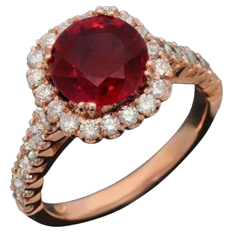 Bague en or rose massif 14K avec rubis rouge naturel de 4,40 carats et diamant