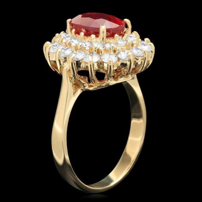 4.40 Carats Natural Red Ruby and Diamond 14K Yellow Gold Ring

Total Red Ruby Weight is: Approx. 2.90 Carats

Natural Oval Red Ruby Measures: Approx. 9.00 x 7.00mm

Ruby treatment: Fracture Filling

Natural Round Diamonds Weight: Approx. 1.50 Carats