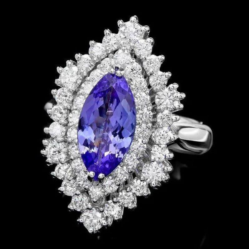 Mixed Cut 4.40 Carats Natural Tanzanite and Diamond 14K Solid White Gold Ring For Sale