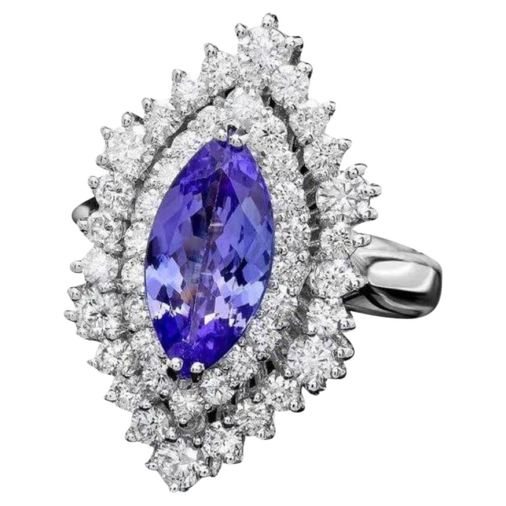 4.40 Carats Natural Tanzanite and Diamond 14K Solid White Gold Ring For Sale