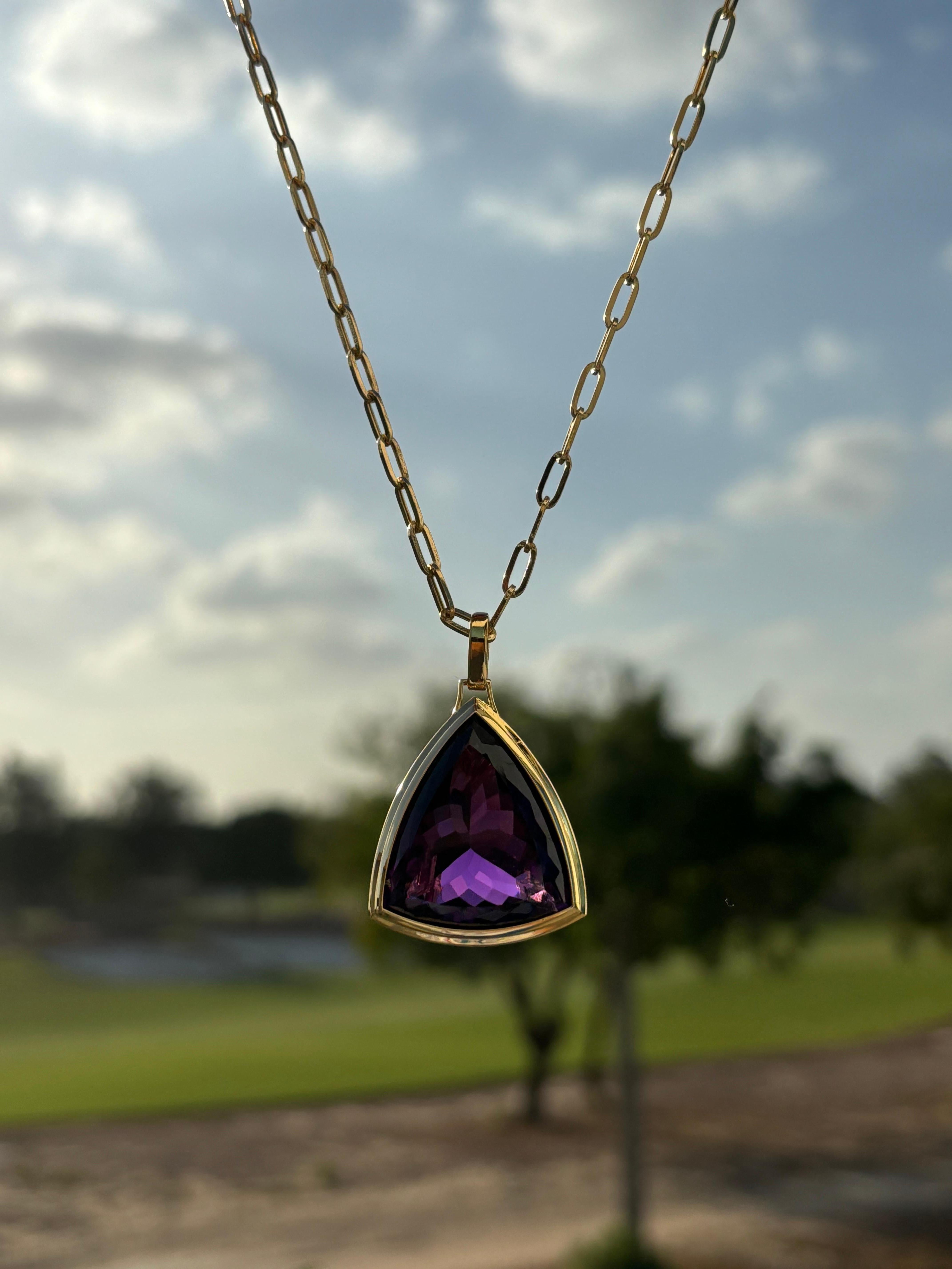 Pear Cut 44.03 Carat Pear Shape Amethyst Pendant Necklace with Link Chain  For Sale
