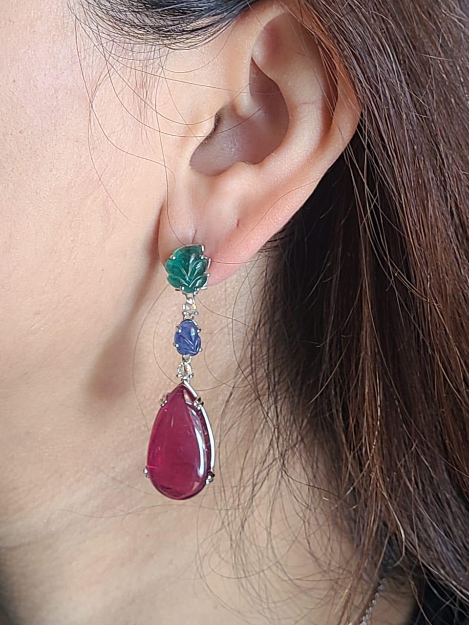Art Deco 44.04 carat, Rubellite, Emerald, Blue Sapphire & Diamond Chandelier/Drop Earrings