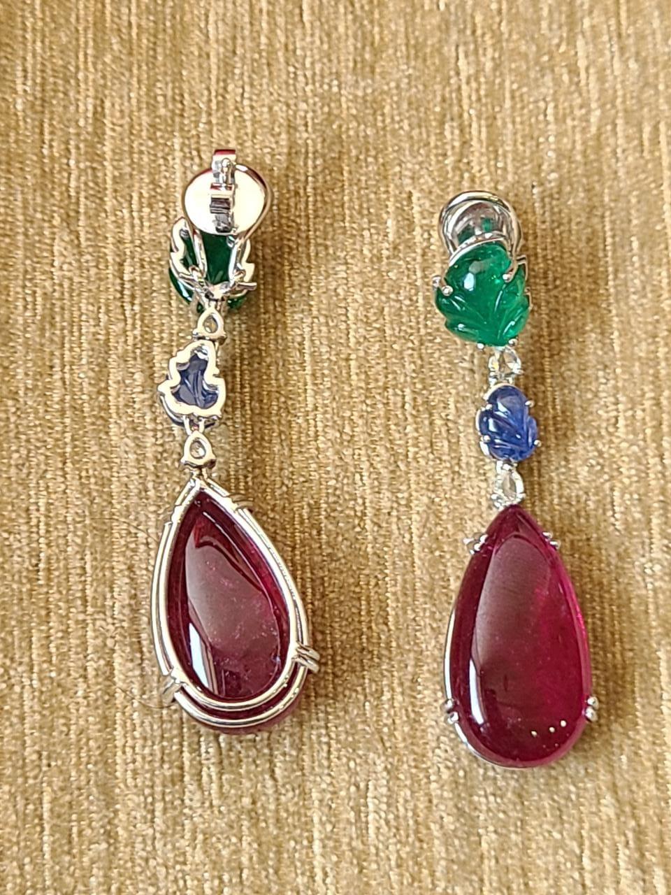 44.04 carat, Rubellite, Emerald, Blue Sapphire & Diamond Chandelier/Drop Earrings In New Condition In Hong Kong, HK