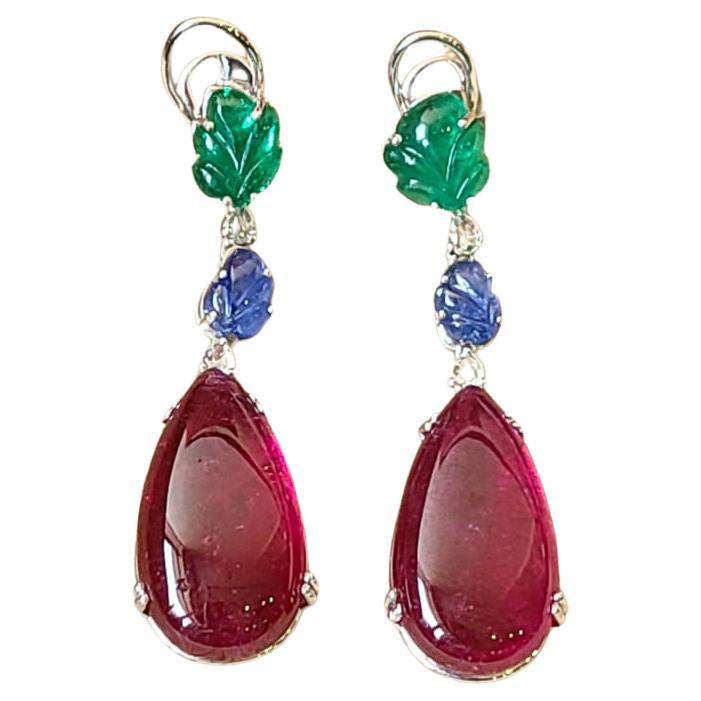 44.04 carat, Rubellite, Emerald, Blue Sapphire & Diamond Chandelier/Drop Earrings