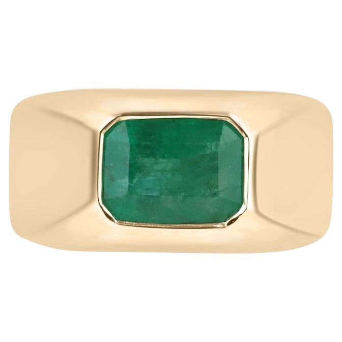 4.40ct 14K Chunky Men's Emerald Solitaire Ring Bezel Set Emerald Cut Emerald 585