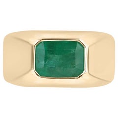 4.40ct 14K Chunky Men's Emerald Solitaire Ring Bezel Set Emerald Cut Emerald 585