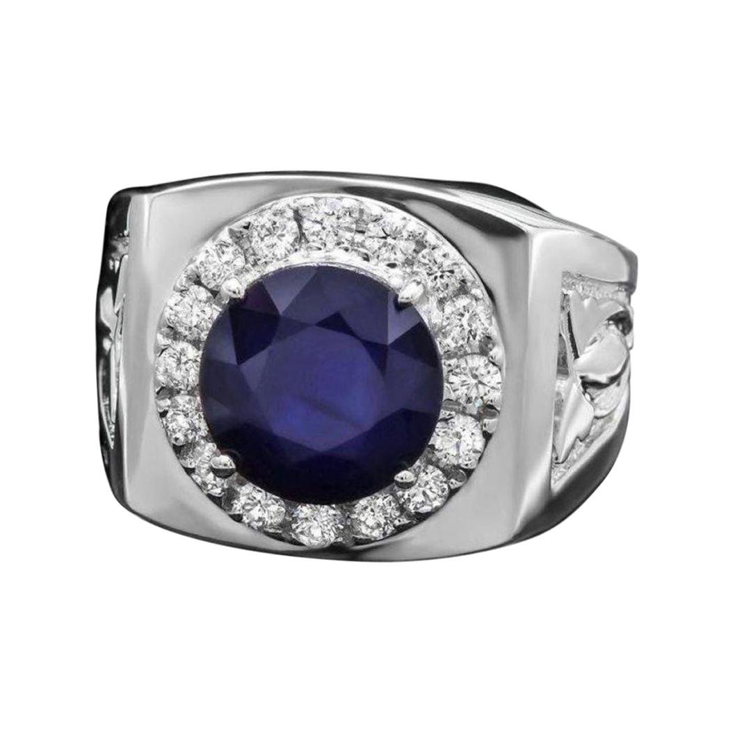 Bague pour homme en or blanc massif 14k, saphir bleu naturel de 4,40ct et diamant