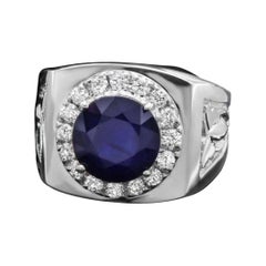 Retro 4.40ct Natural Blue Sapphire & Diamond 14k Solid White Gold Men's Ring