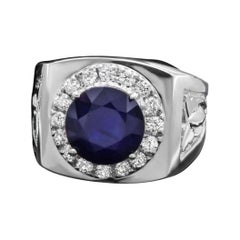 4.40ct Natural Blue Sapphire & Diamond 14k Solid White Gold Men's Ring