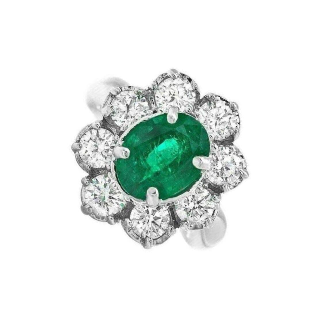 Emerald Cut 4.40 Carat Natural Emerald and Diamond 14 Karat Solid White Gold Ring For Sale