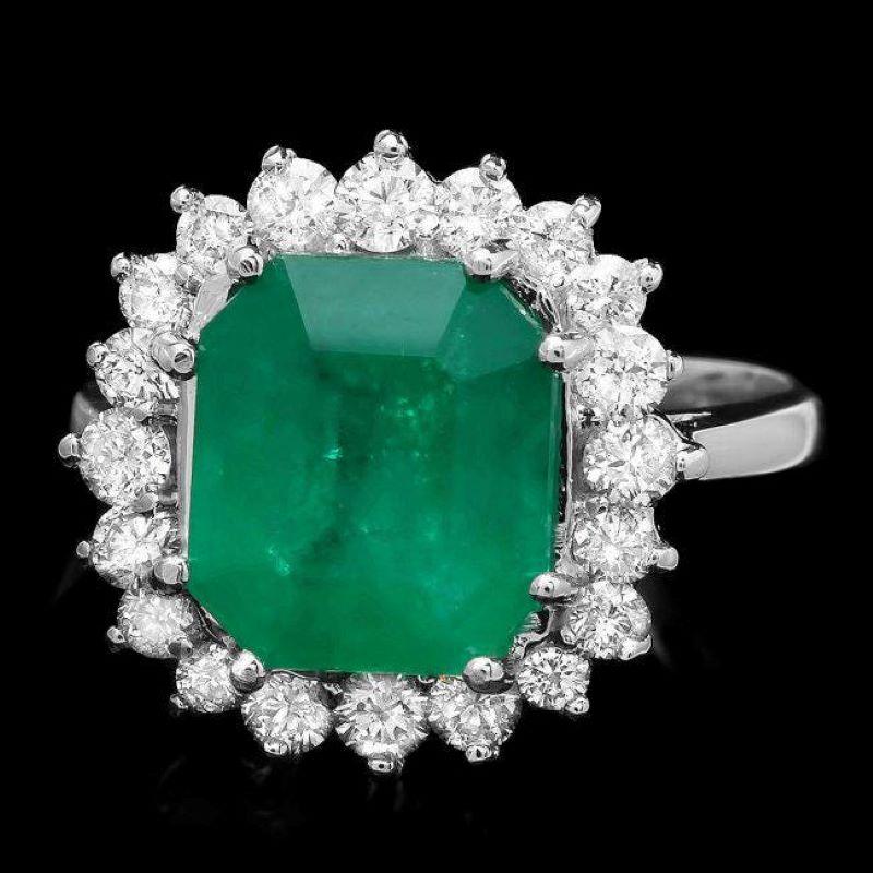 4.40ct Natural Emerald & Diamond 14k Solid White Gold Ring In New Condition For Sale In Los Angeles, CA