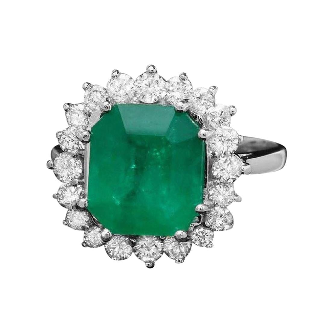 4.40ct Natural Emerald & Diamond 14k Solid White Gold Ring For Sale