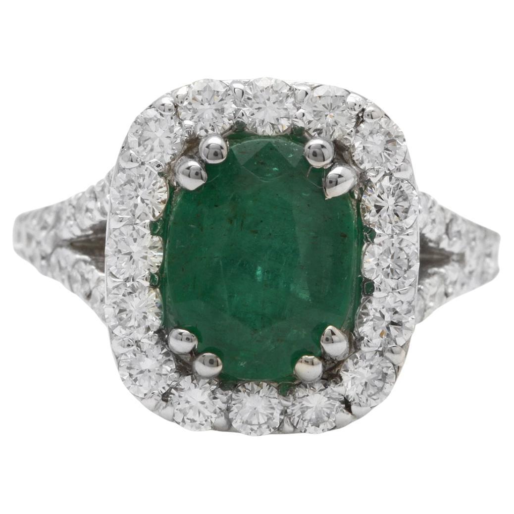 4.40Ct Natural Emerald & Diamond 14K Solid White Gold Ring