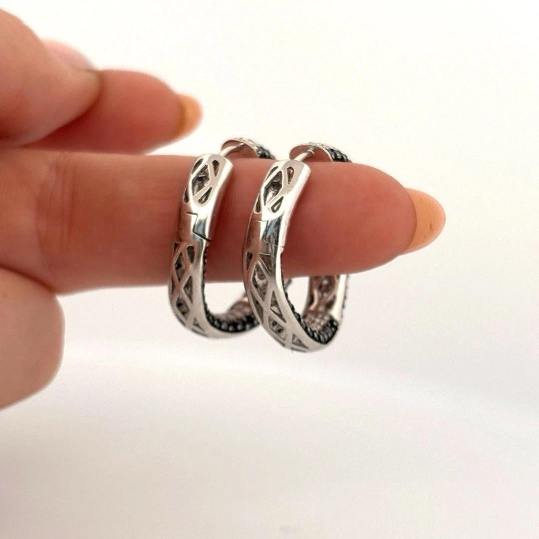 4.40ctw VS F-G Black & White Pave Diamonds 18K White Gold Wave Hoop Earrings For Sale 1