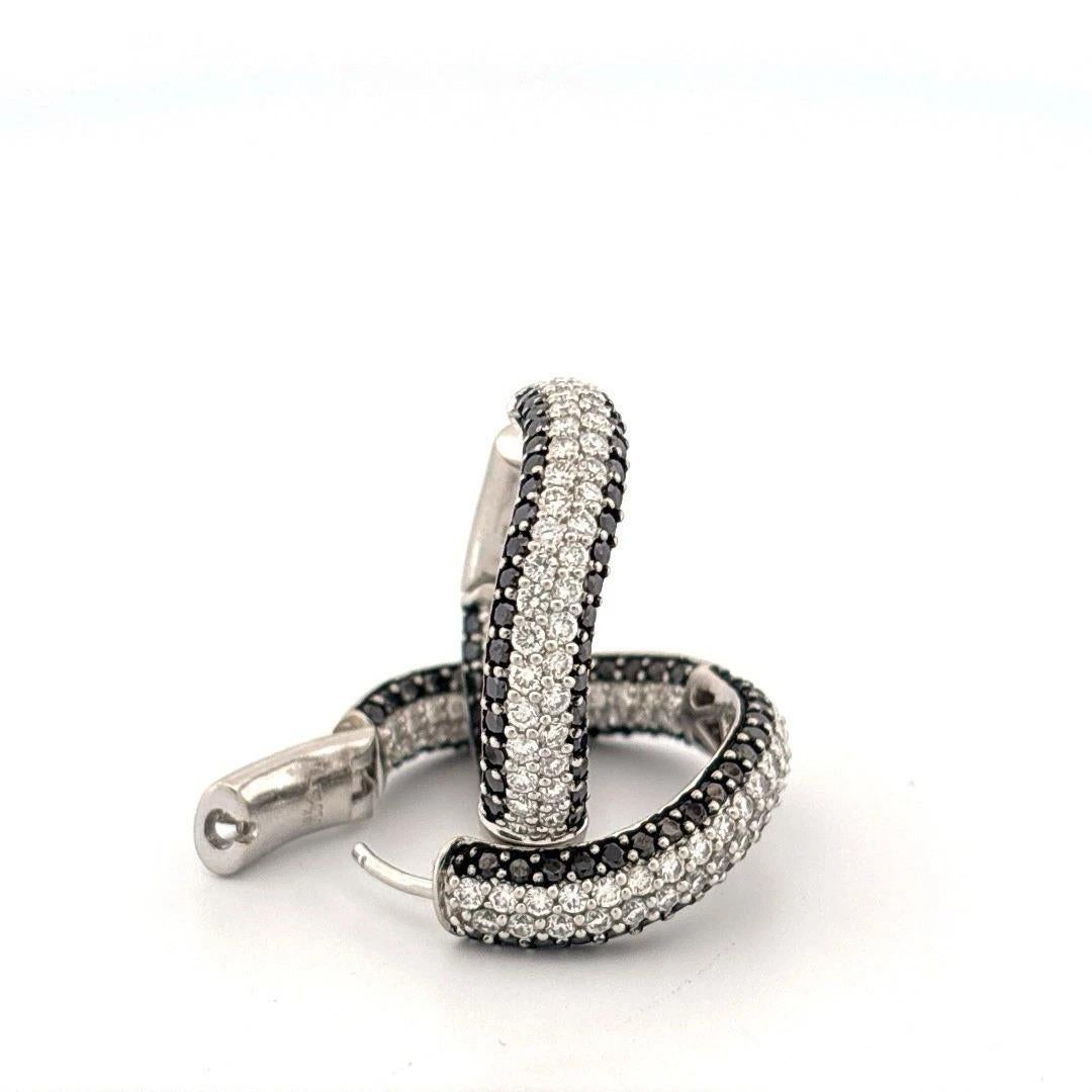 4.40ctw VS F-G Black & White Pave Diamonds 18K White Gold Wave Hoop Earrings For Sale 2