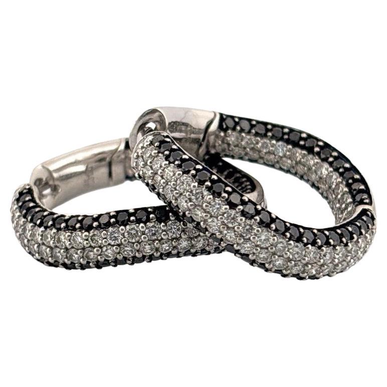 4.40ctw VS F-G Black & White Pave Diamonds 18K White Gold Wave Hoop Earrings For Sale