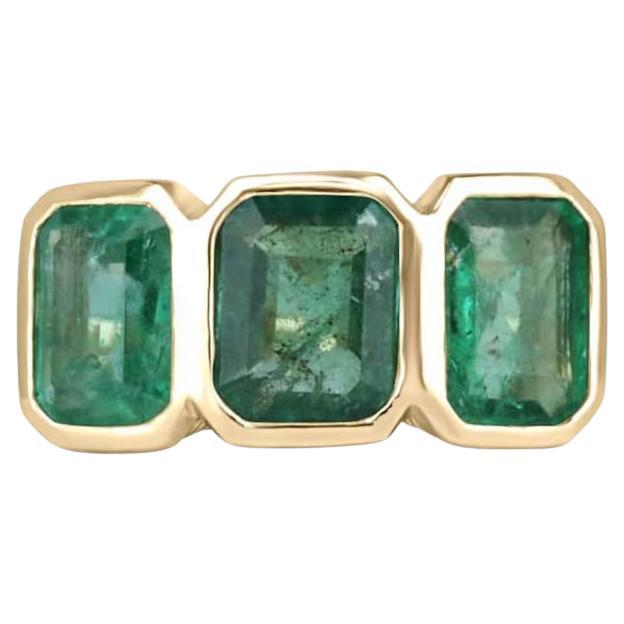 4.40tcw 14K Emerald Trilogy Ring - Bezel Set Scroll Vintage Detail 585 Gold