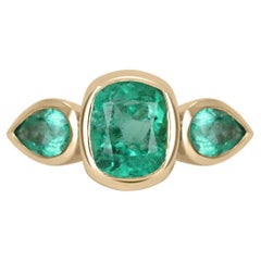 4.40tcw 14K Three Stone Emerald Cushion & Pear Ring