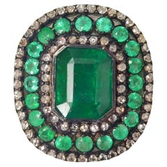 4.41 Carat Art Deco Style Emerald Ring with Rose Cut Diamonds 18k White Gold
