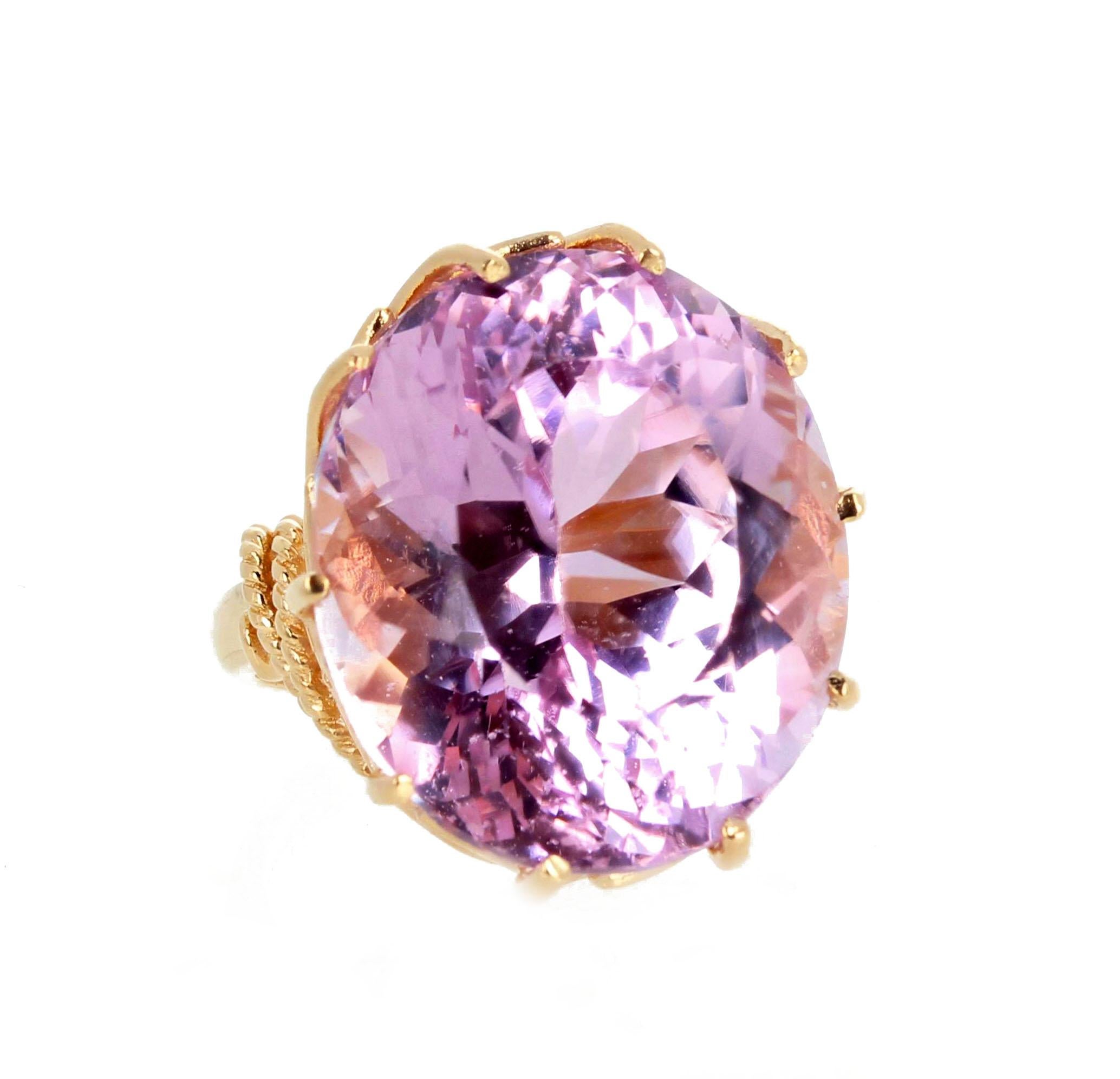 Brilliant glittering natural huge CLEAR big pink 44.1 carat Kunzite gemstone - 20 mm x 17.2mm - set in this stunning yellow 14Kt gold ring size 5 sizable.  This gemstone with its fine delicate pinky/violet is not only an ideal precious gemstone it