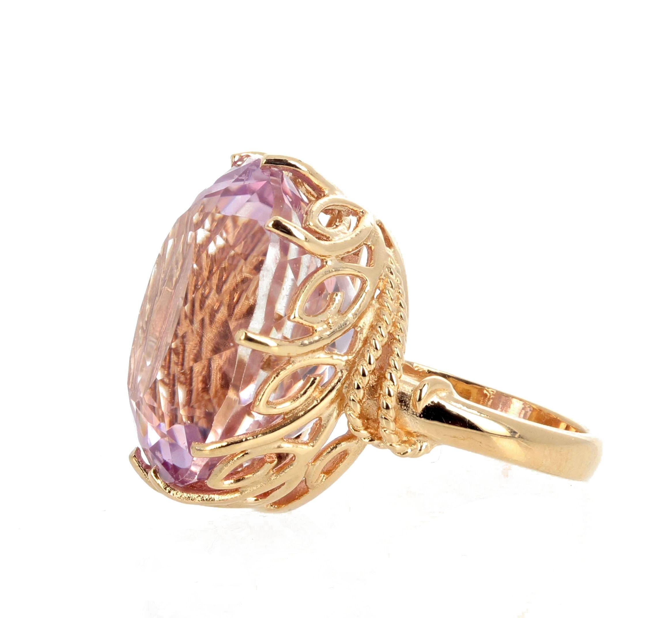Oval Cut AJD HUGE Violet Precious Magnificent Natural 44.1Ct Kunzite Gold Cocktail Ring