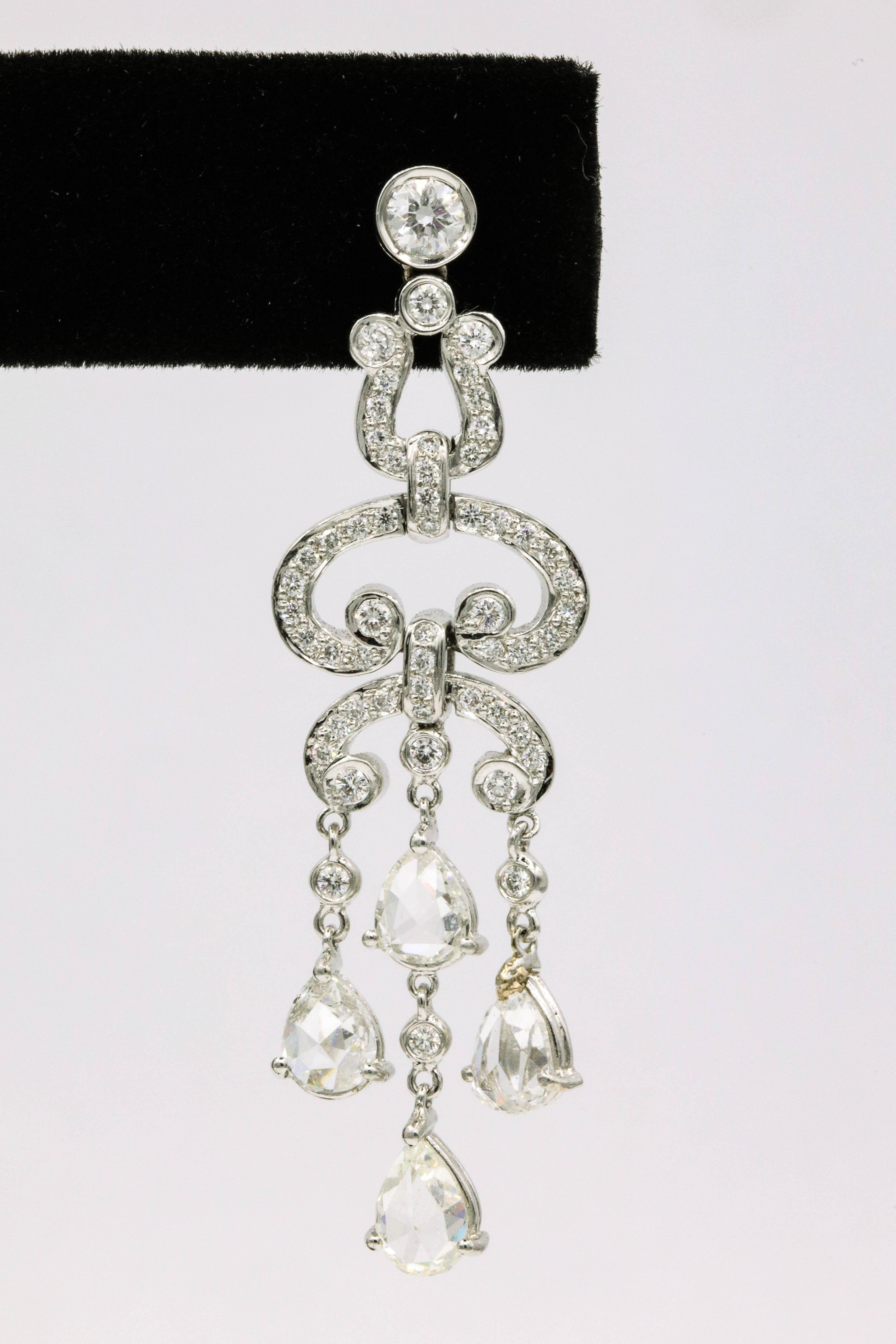 Art Deco 4.41 Carat Diamond Drop Round and Pear Shape Earrings