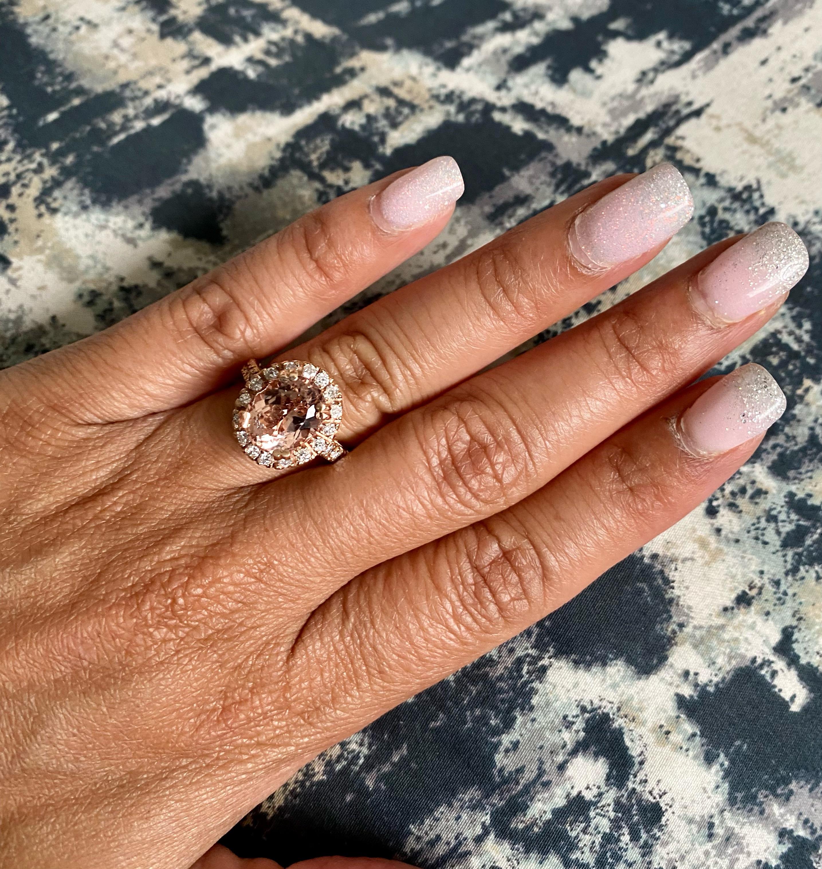 Oval Cut 4.41 Carat Morganite Diamond 14 Karat Rose Engagement Ring For Sale