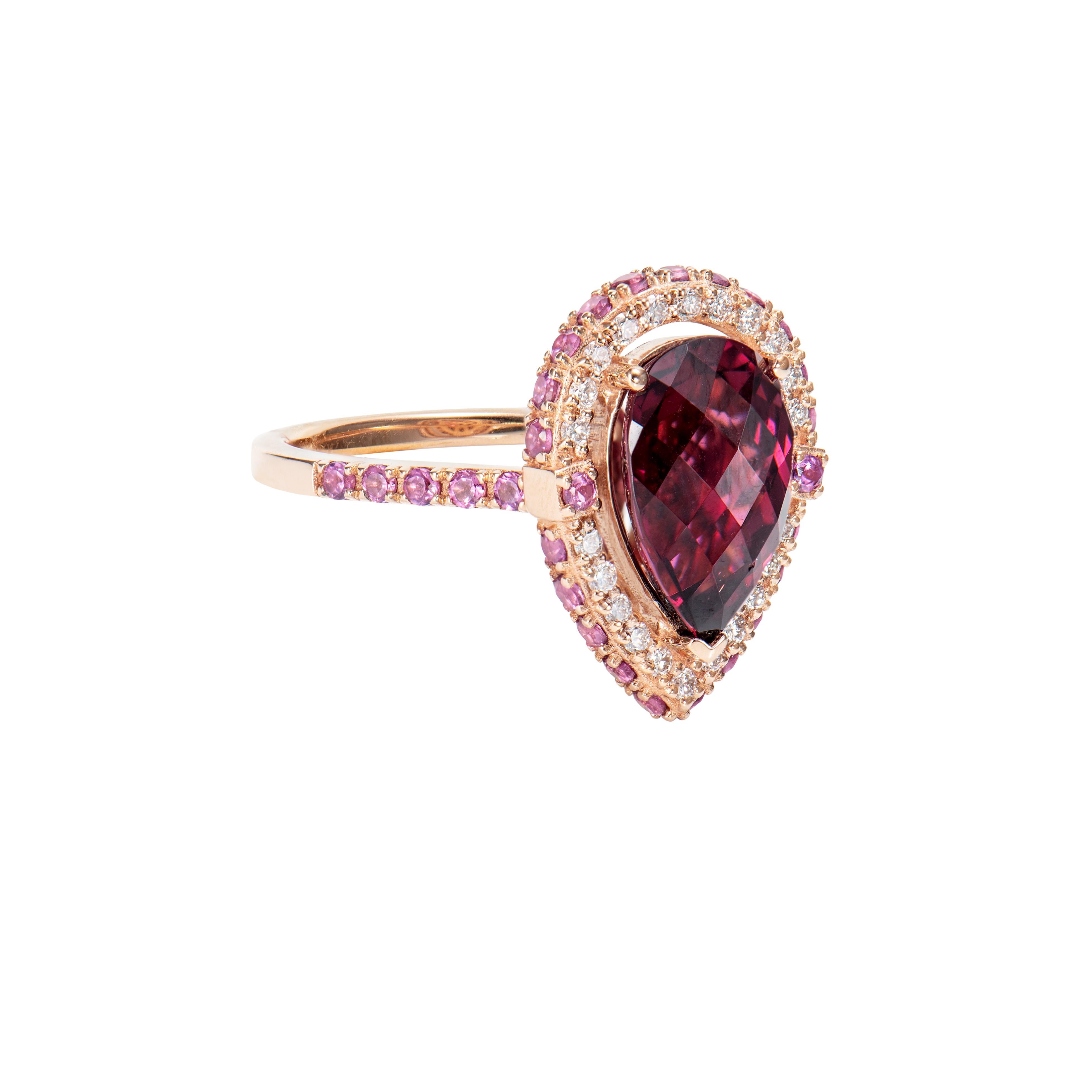 Celebrating Magenta as the color of the year for 2023, we present our exclusive Radiating Rhodolite collection. The magnificent magenta hues in these gems are brought to life in a classic rose gold setting with white diamonds.

Rhodolite and Diamond
